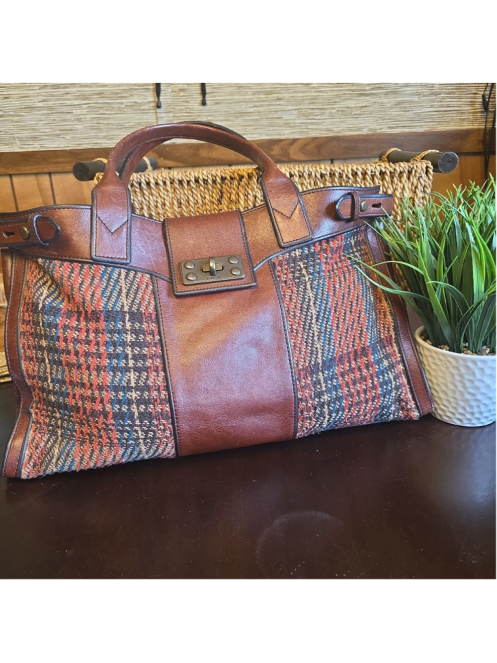 Fossil Leather Vintage And Tweed Satchel Shoulder Tote Bag - Picture 3 of 9